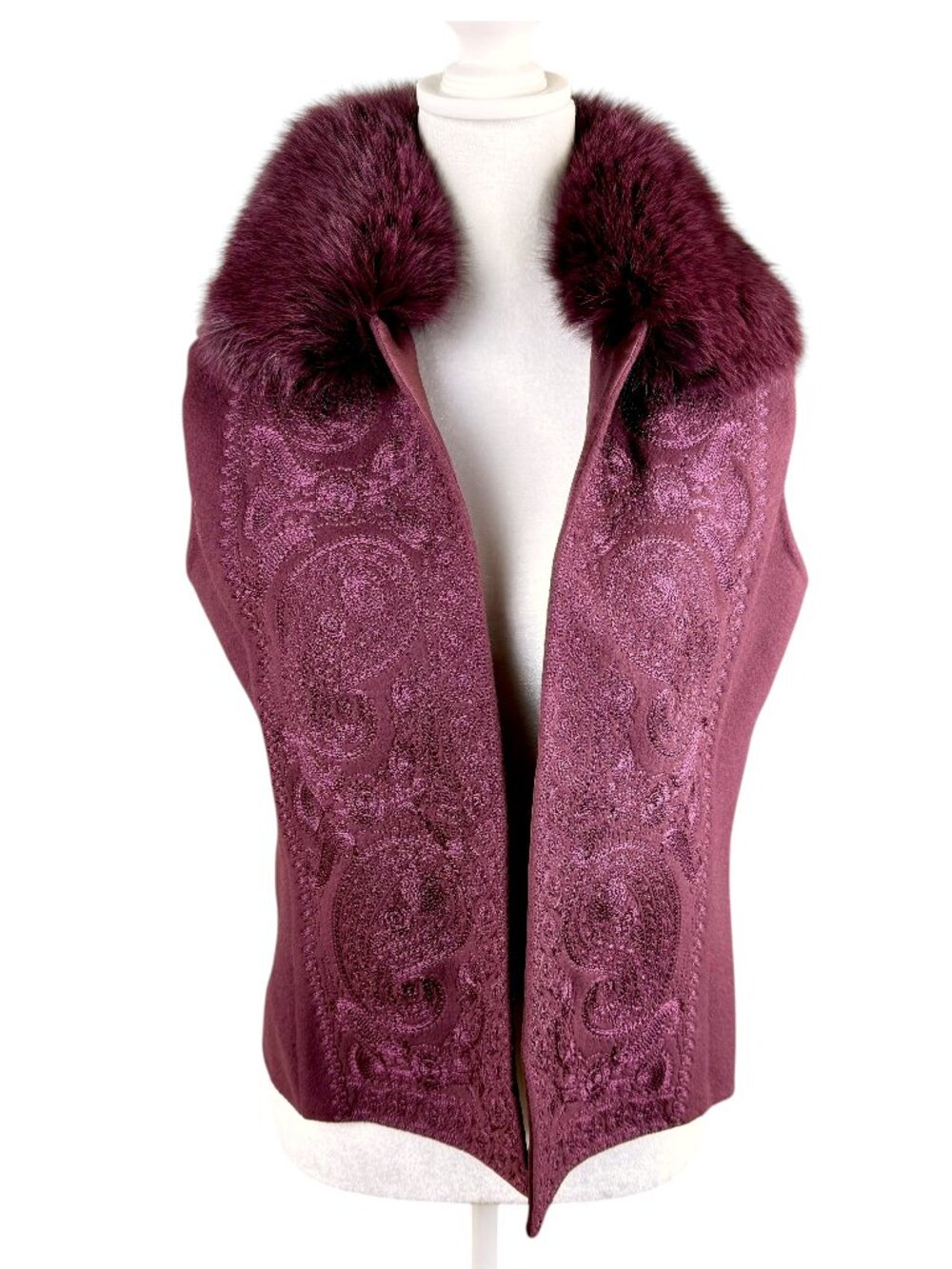 Linda Allard Ellen Tracy Wool Vest Burgundy Fox Fur Collar Embroidered (6)